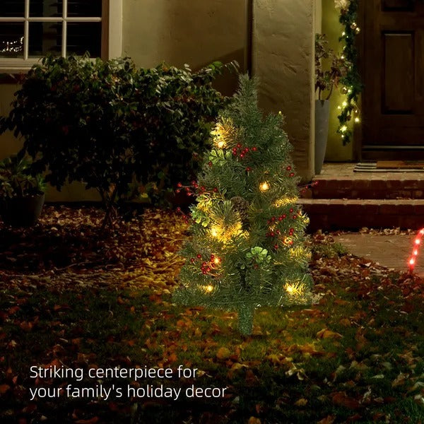 2ft 2 Pack Artificial Christmas Tree, Pre Lit Christmas Tree With Red Berries And Pine Cones, Battery Operated, Green EX-STOCK Canada 