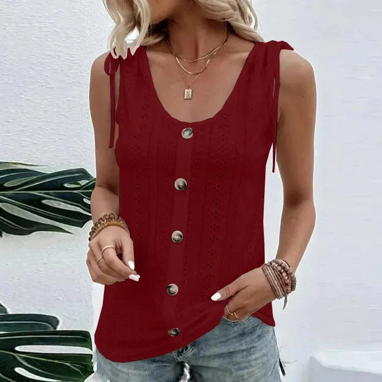 Casual summer U-neck Vest Women Shoulder With Bow Tie Summer blouse top - EX-STOCK CANADA