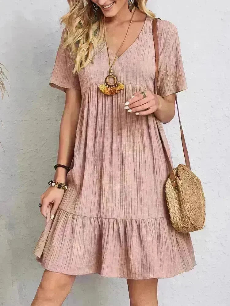 Summer Beach  V-neck Dresses Women's Loose Casual Short-sleeved Loose Skater Dress for Chic Ladies - EX-STOCK CANADA