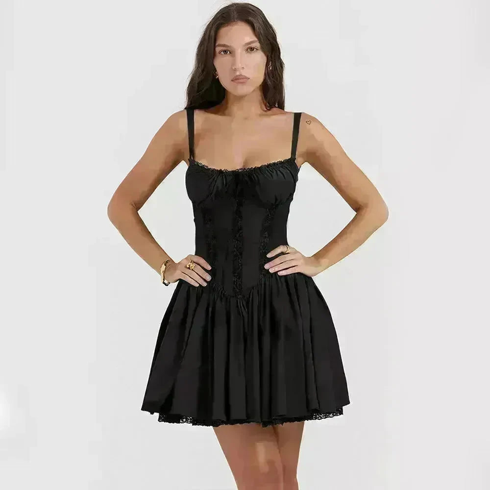 Elegant Chic Women Suspender Mini Skater Dress Summer Fashion Lace-up Slim Waist Pleated Short Dresses For Evening Party Cocktail Occasions - EX-STOCK CANADA