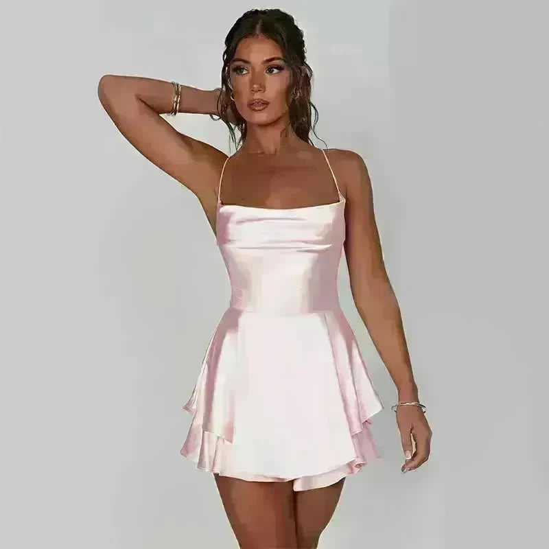 Elegant Chic Skirt Dress For Women Elegant Slim Strap Satin Backless Lace Up Ladies Party Mini Skater Dress - EX-STOCK CANADA