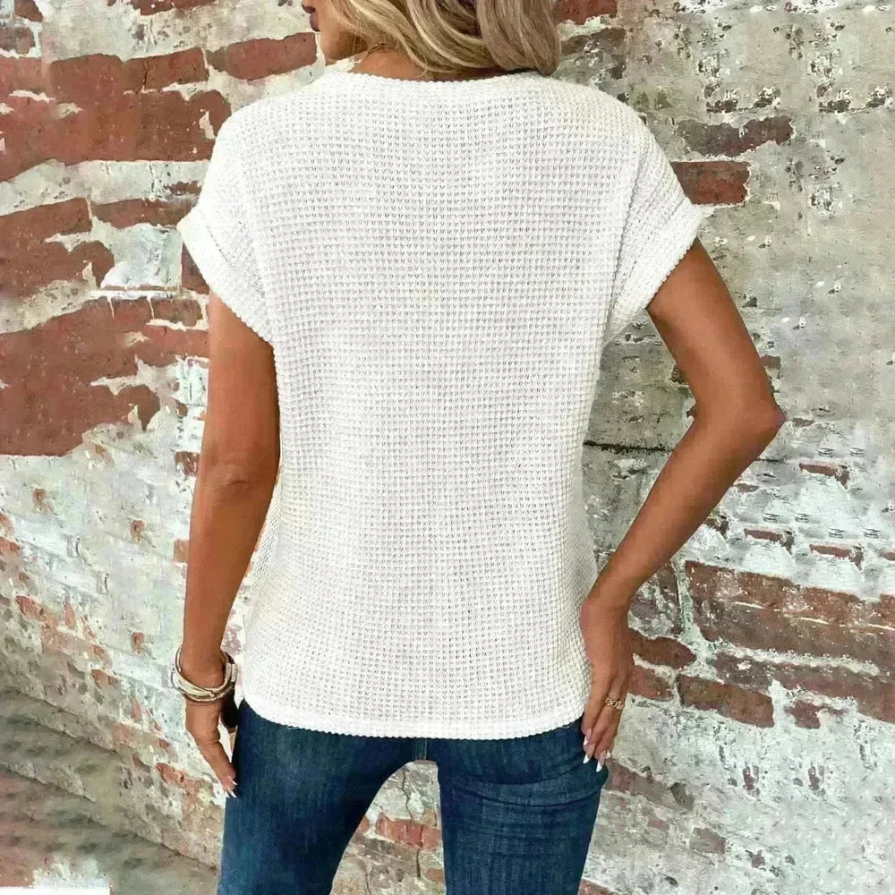 Casual Summer Short-sleeved Waffle blouse Top Summer New Solid Color Casual Evening Top For Women - EX-STOCK CANADA