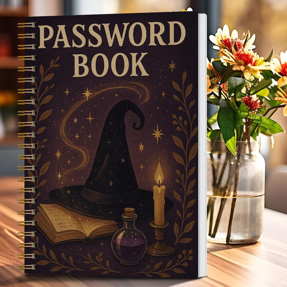 Password book with a witch hat, candle, and potion design on a wooden surface with flowers.