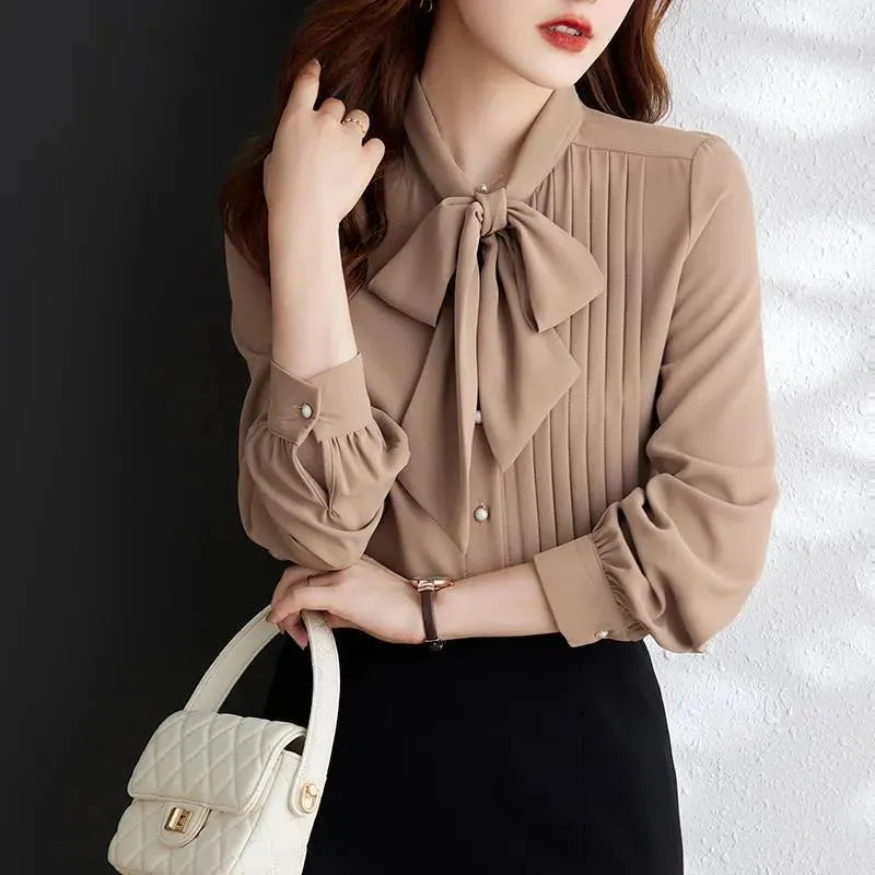 Women neck tie Chiffon Long Sleeve Shirt For work - EX-STOCK CANADA