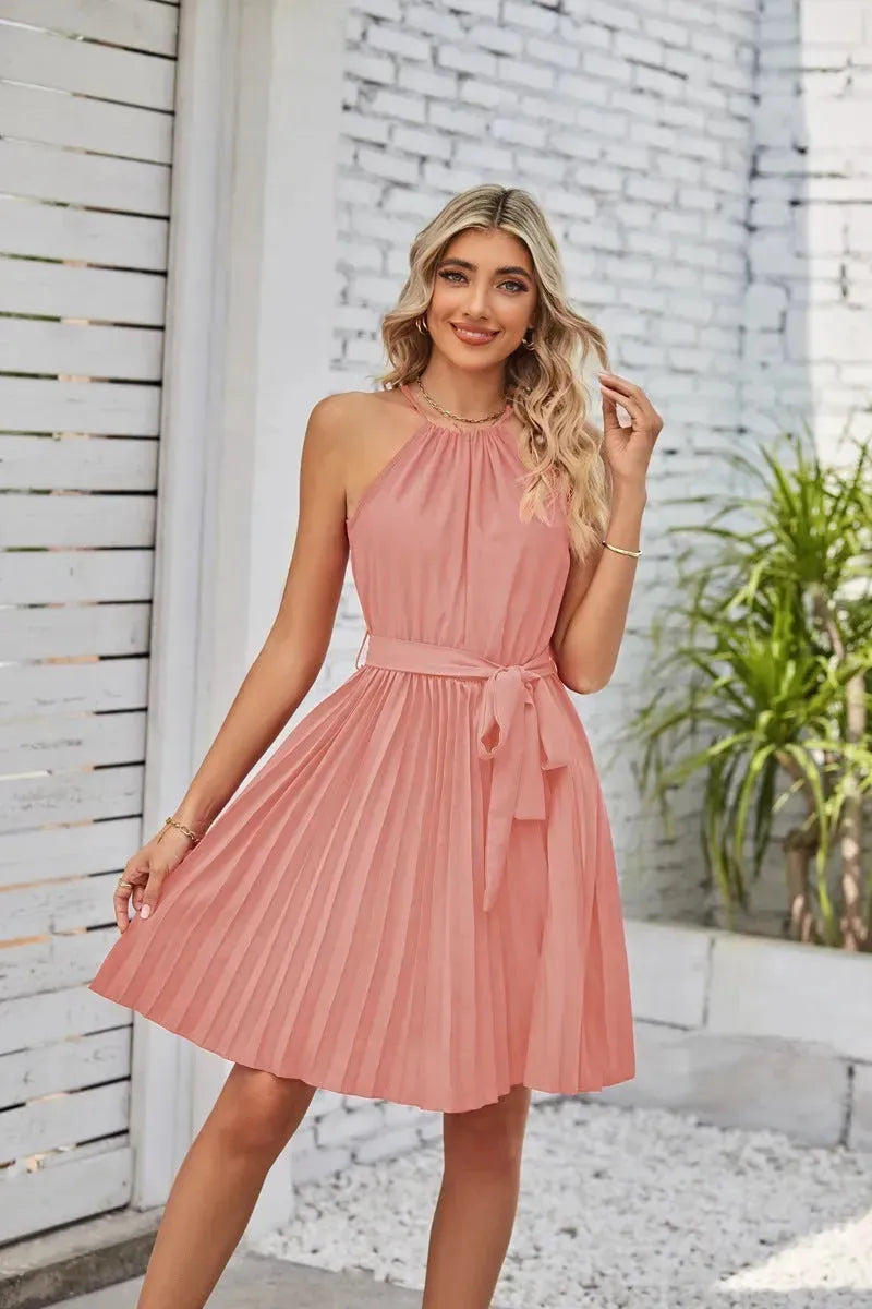 Halter Strapless Dresses For Women Solid Pleated Skirt Summer Beach Sundress - EX-STOCK CANADA