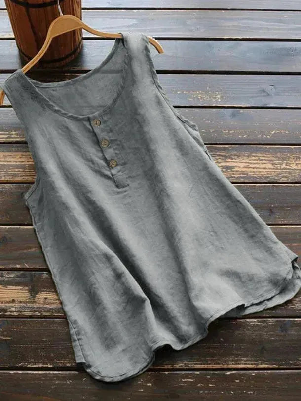 Solid Color Round Neck Loose Casual Vest Cotton Linen summer blouse top for Women - EX-STOCK CANADA