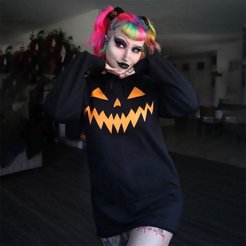 Halloween Costume Pumpkin Print Long Sleeve Hoodie Dress - EX-STOCK Canada