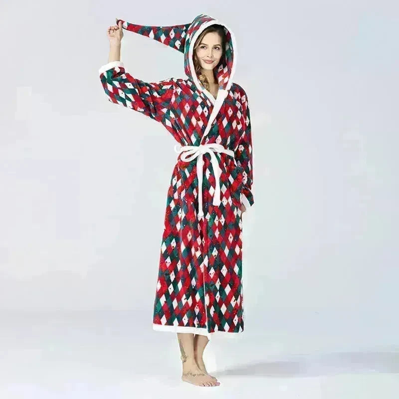Christmas Sleepwear Women Fleece Hooded Bathrobe Plush Long Robe Winter - EX-STOCK CANADA