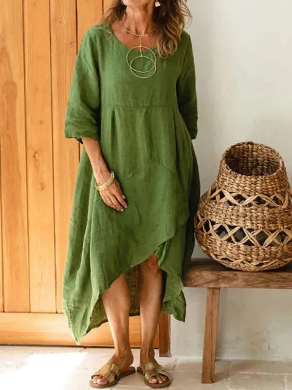 Women Maxi Dress Neck Pocket Summer Loose Casual Baggy Robe Female Retro Long Dresses - EX-STOCK CANADA