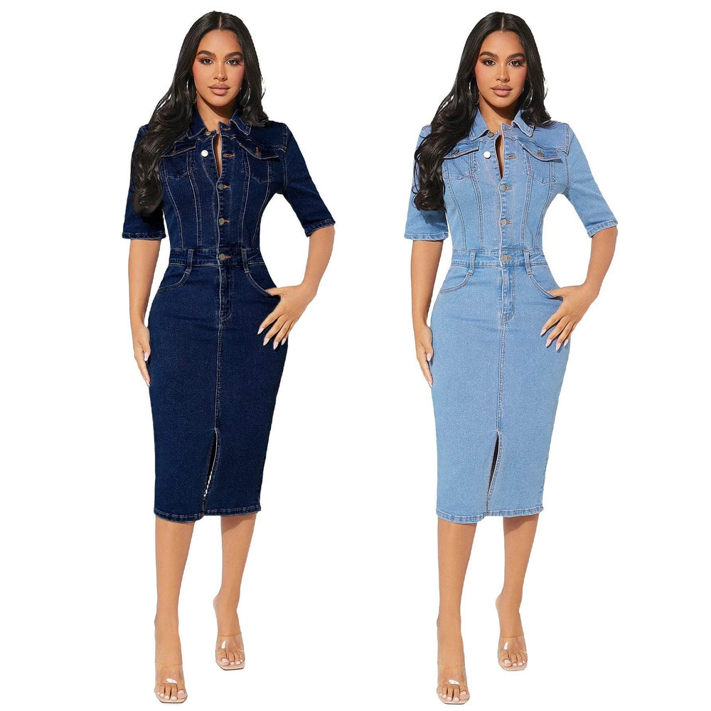 Women's Fashion Personality fitted Denim Hip-wrapped Jeans Midi straight cut front split Dress - EX-STOCK Canada