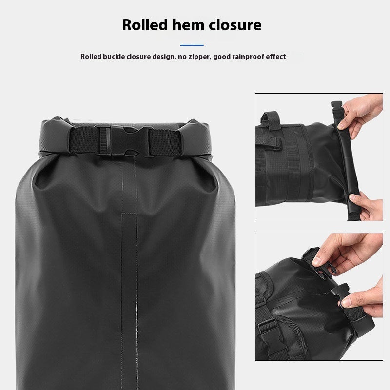 Black waterproof bag with rolled hem closure feature, showing buckle design and rainproof effect.