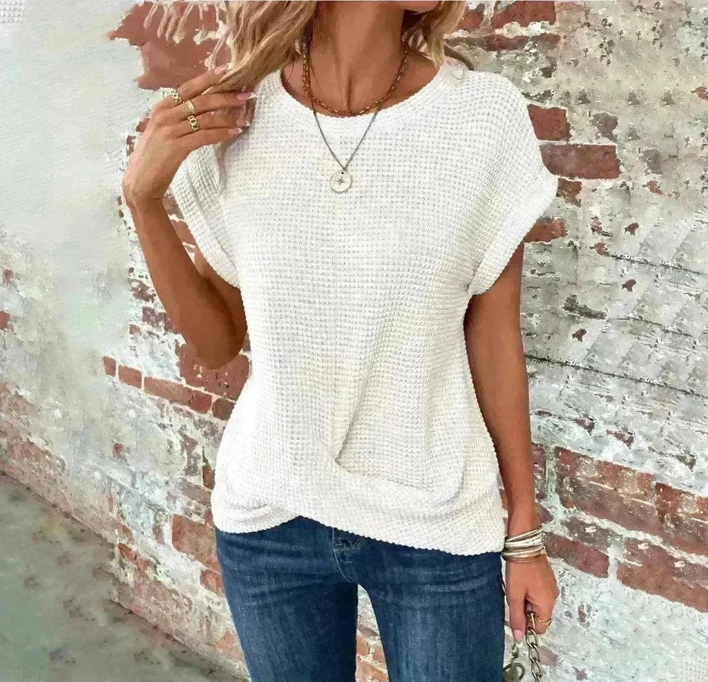 Casual Summer Short-sleeved Waffle blouse Top Summer New Solid Color Casual Evening Top For Women - EX-STOCK CANADA