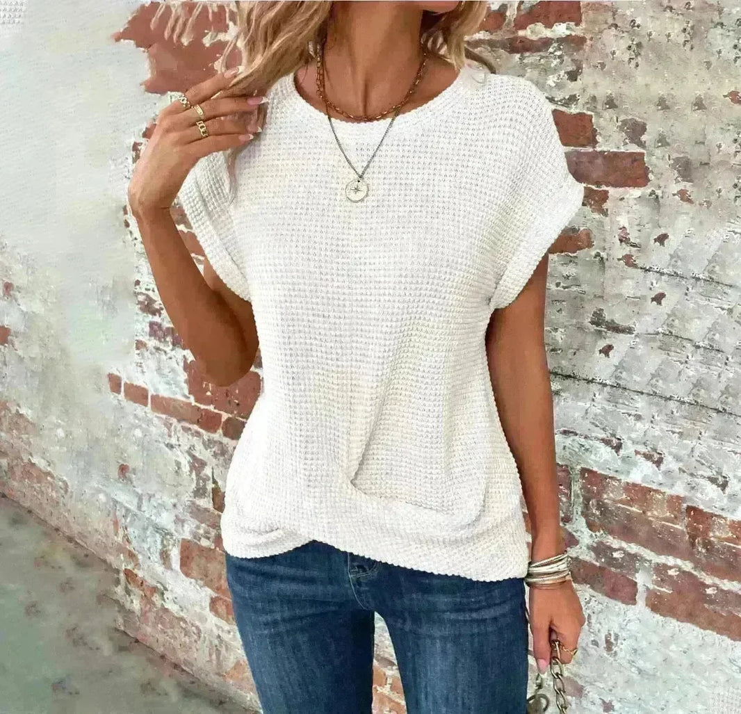Casual Summer Short-sleeved Waffle blouse Top Summer New Solid Color Casual Evening Top For Women - EX-STOCK CANADA