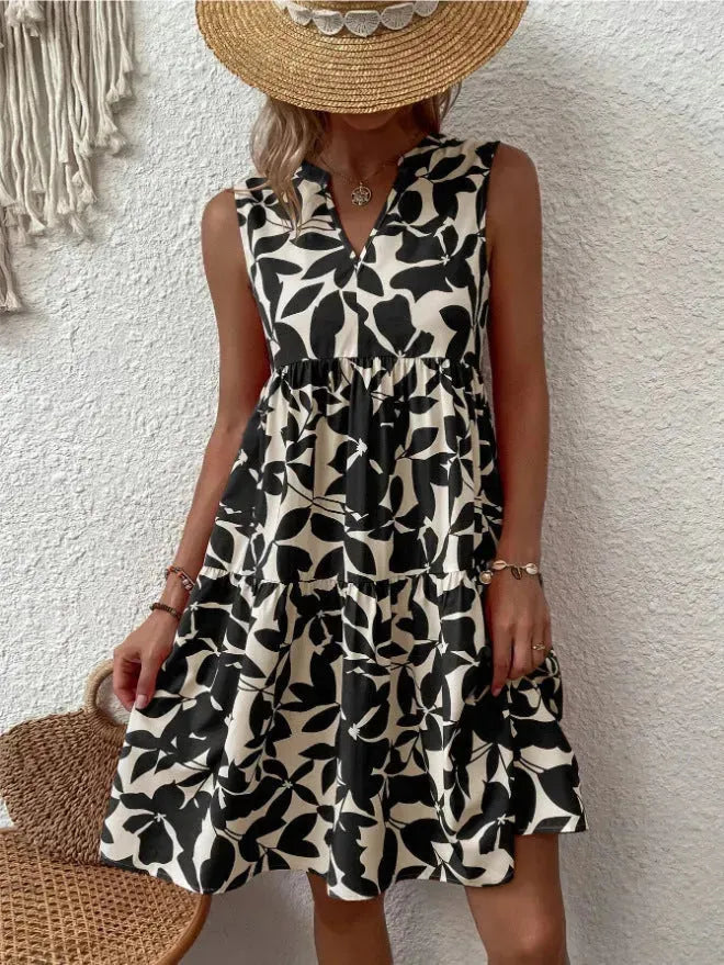 Bohemian Dresses Summer Beach Fashion Loose V-neck Pleated Print Sleeveless Dress For Women - EX-STOCK CANADA