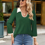Casual Color Matching Lapel Long Sleeve Blouse Top Women - EX-STOCK CANADA