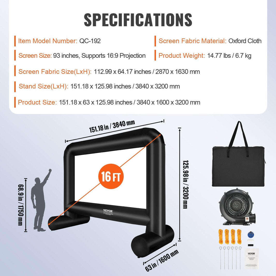 Inflatable Movie Screen, 16 FT Inflatable Projector Screen For Outside With Blower And Carrying Bag, Front Rear Projection, Oxford Fabric Blow Up Screen For Outdoor Parties Backyard Movie Nig EX-STOCK