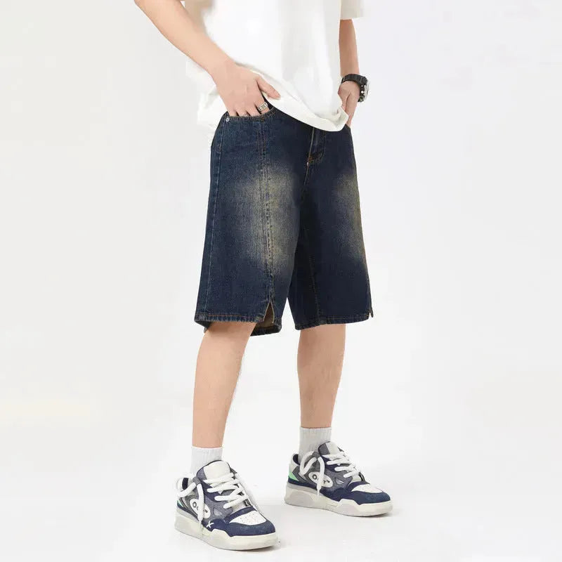 American-style Retro Washed Split Design Denim Shorts For Men Jeans - EX-STOCK CANADA