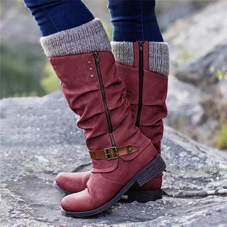 Red knee-high boots with gray cuffs worn on a rocky surface Women's Mid-Calf Slouchy Boots | Side Zipper, Knit Cuff, Block Heel | 5 Colours, Sizes 35–43