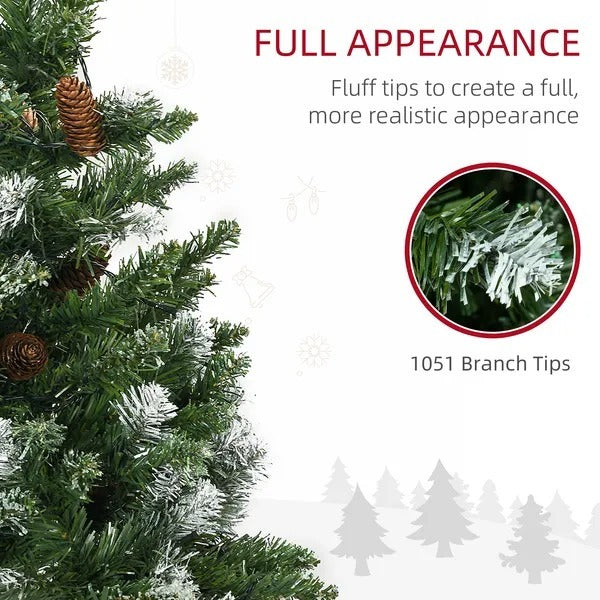 7.5' Decorated Christmas Trees, Skinny Prelit Artificial Christmas Tree With Snow-dipped Branches, Auto Open, Pinecones EX-STOCK Canada 