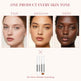 Three faces representing fair, medium, and deep skin tones with a product labeled 'One Product Every Skin Tone'.