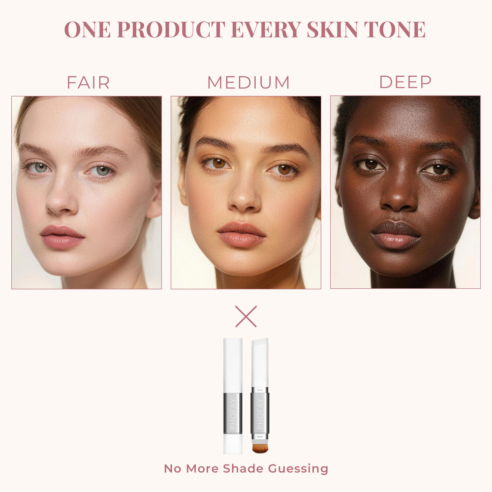 Three faces representing fair, medium, and deep skin tones with a product labeled 'One Product Every Skin Tone'.