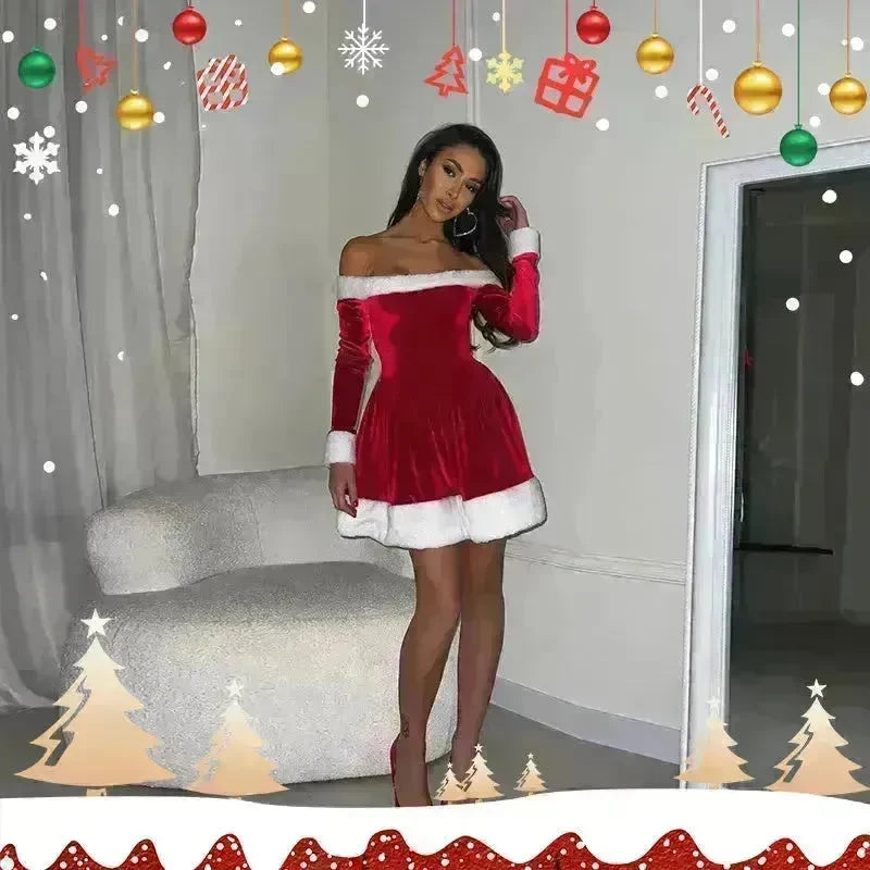 Women's Christmas Costume Santa Dress Plush Trim Boat-Neck Off-Shoulder Sleeve Dress New Year Party Cosplay Costume - EX-STOCK CANADA