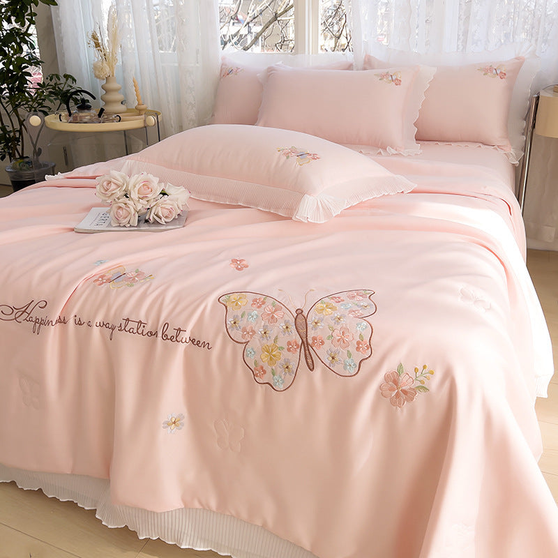 Korean Ice Silk Summer Quilt Four-piece Set Embroidery Lace Air Conditioning Cool Feeling Thin Duvet EX-STOCK Canada 