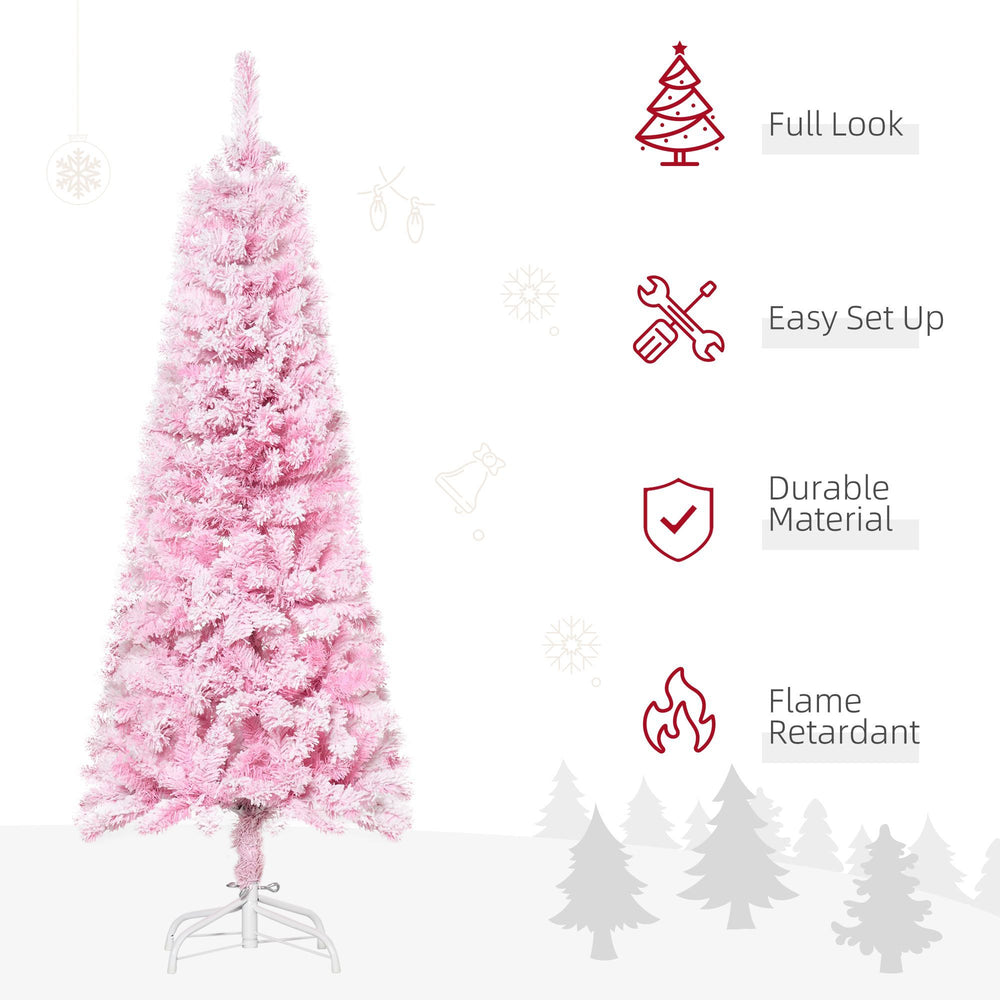 5 FT Snow Flocked Artificial Christmas Tree, Pencil Xmas Tree With Realistic Branches, Auto Open And Steel Base, Pink EX-STOCK Canada 