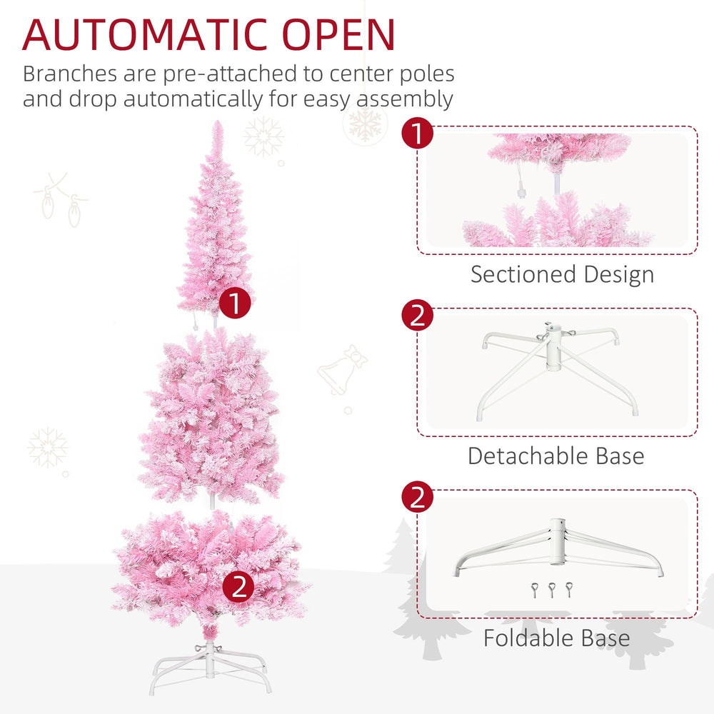 6 Foot Prelit Snow Flocked Artificial Christmas Tree With Pencil Shape, 500 Pine Realistic Branches, Warm White LED Lights, Auto Open, Pink And White EX-STOCK Canada 
