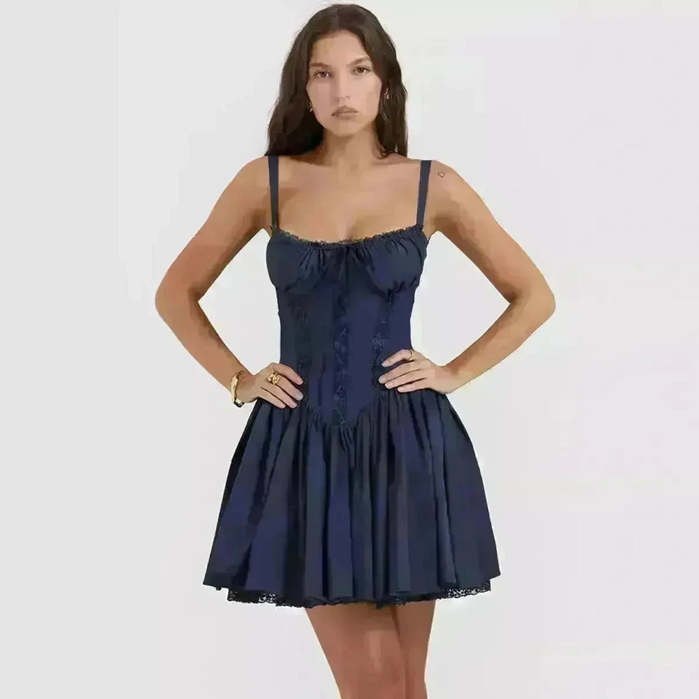 Elegant Chic Women Suspender Mini Skater Dress Summer Fashion Lace-up Slim Waist Pleated Short Dresses For Evening Party Cocktail Occasions - EX-STOCK CANADA