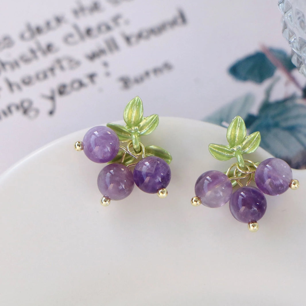 Female Purple Blueberry Fruit Beaded Earrings - EX-STOCK CANADA