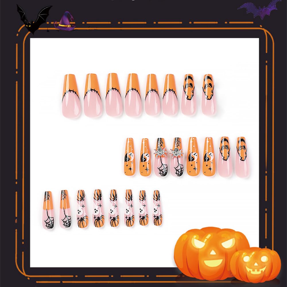 24 PCS Press On False Nails Short Medium Length Full Cover Acrylic Fake Nails Almond Shaped Ballerina Nails Cute Pumpkin Bat Ghost Spider Reusable Nails Nail Salons Home DIY EX-STOCK Canada 
