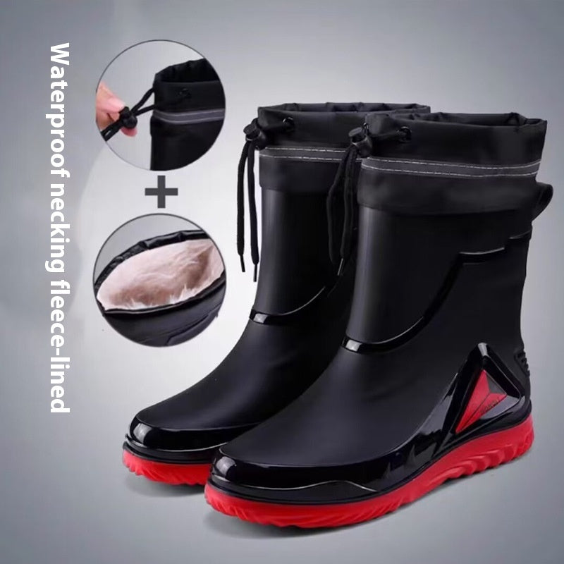 Black rain boots with red soles on a gray background, featuring waterproof necking fleece-lined text.