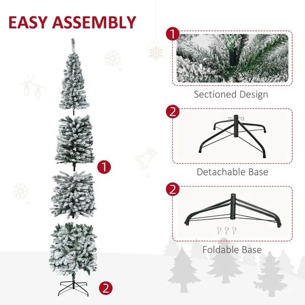9ft Flocked Christmas Tree, Pencil Christmas Tree With Realistic Branch Tips, Folding Metal Stand, Green EX-STOCK Canada 