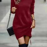 Long Sleeve Dress Solid Color High Neck Cross Short Cashmere Dress for Women - EX-STOCK CANADA