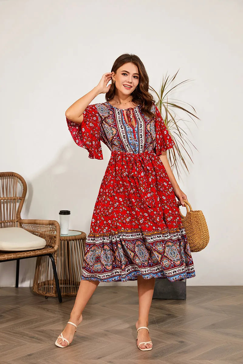 Modest Plus Size Summer dress V Neck Midi Beach boho Dress - EX-STOCK CANADA