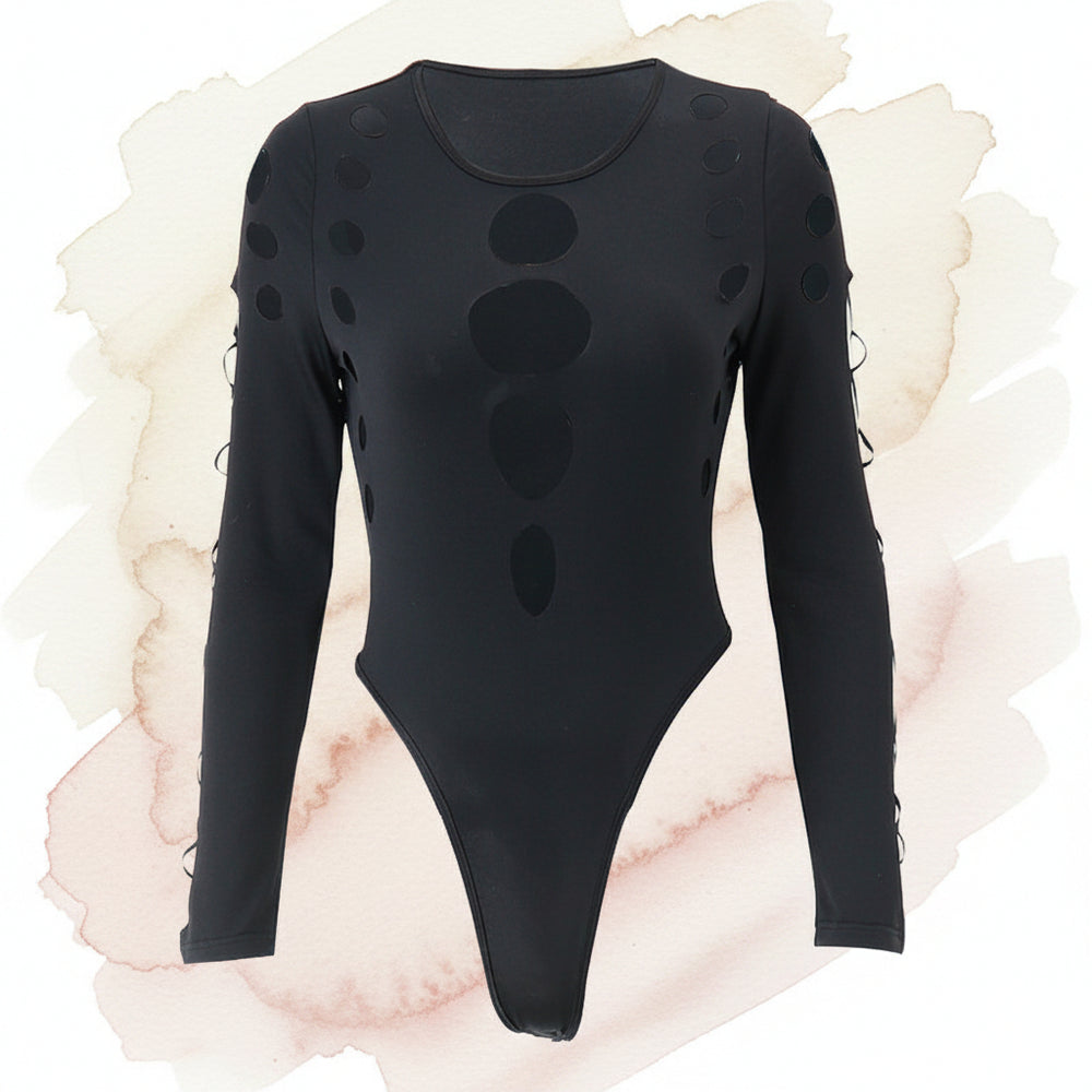 Black bodysuit with cut-out design on a white background