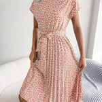Casual Spring Summer Tie belt Pleated Floral Midi Dress - EX-STOCK Canada