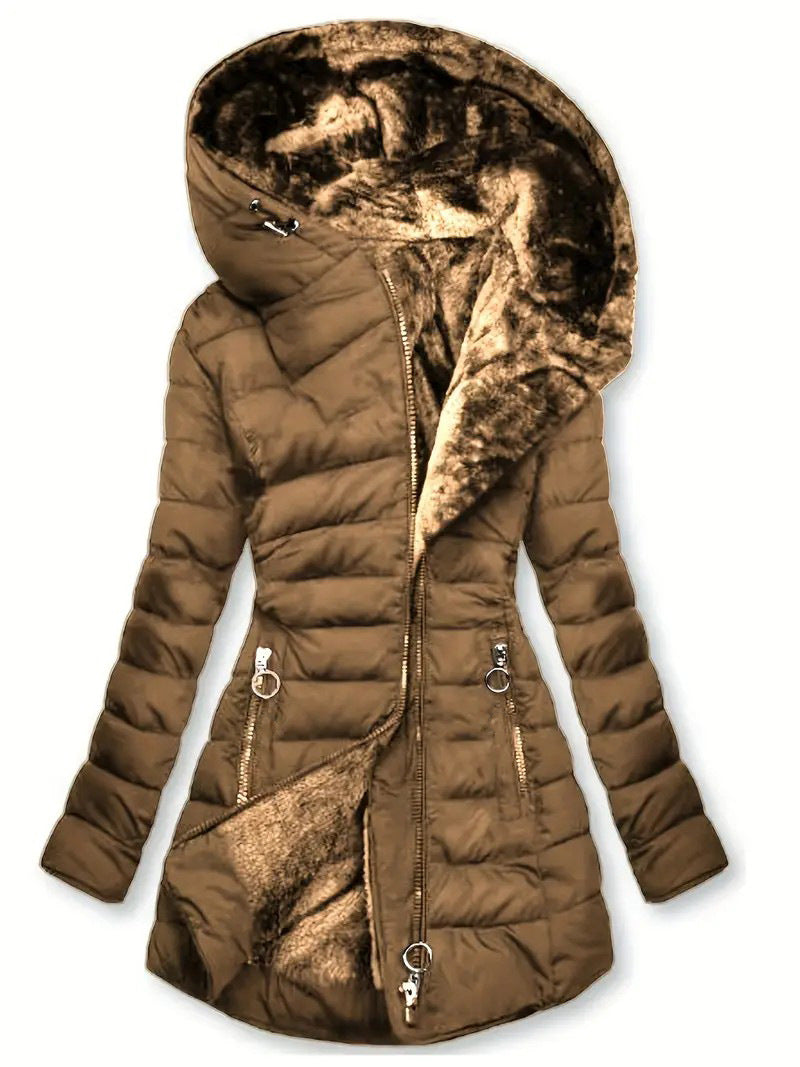 Brown puffer jacket with fur-lined hood on a white background