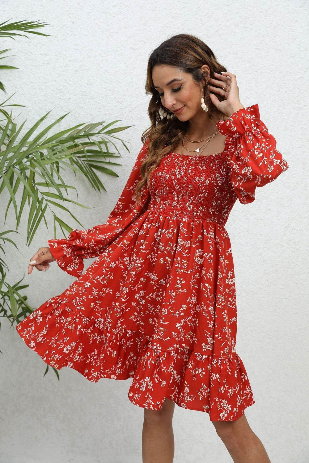 Casual Spring And Summer lantern Sleeve floral Mini Dress - EX-STOCK Canada