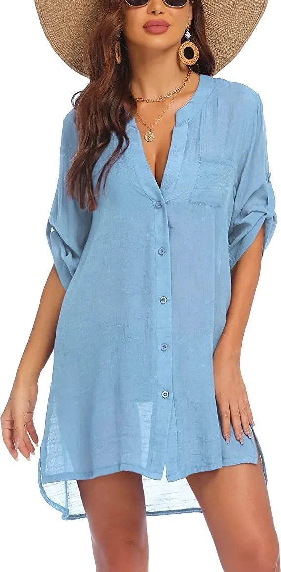European And American Sun Protection Women Beach Linen Shirt dress - EX-STOCK CANADA