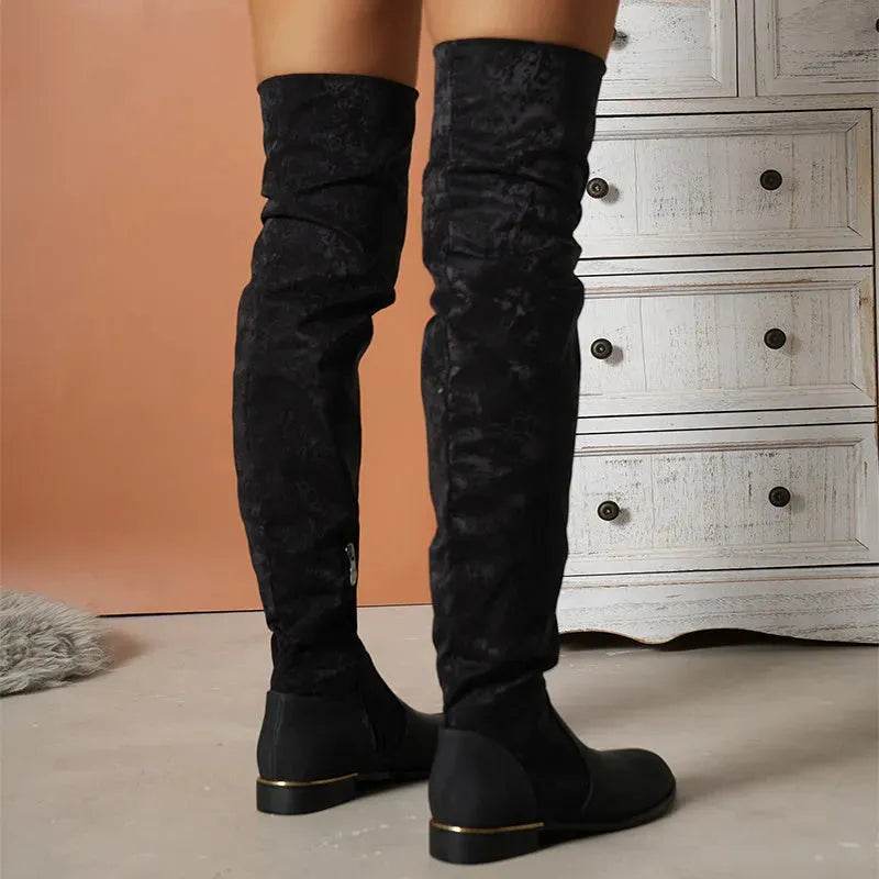 Fashion Over-the-knee Boots For Women Suede Stitching Low-heeled Long Boots With Side Zipper Design Party Shoes Winter - EX-STOCK Canada