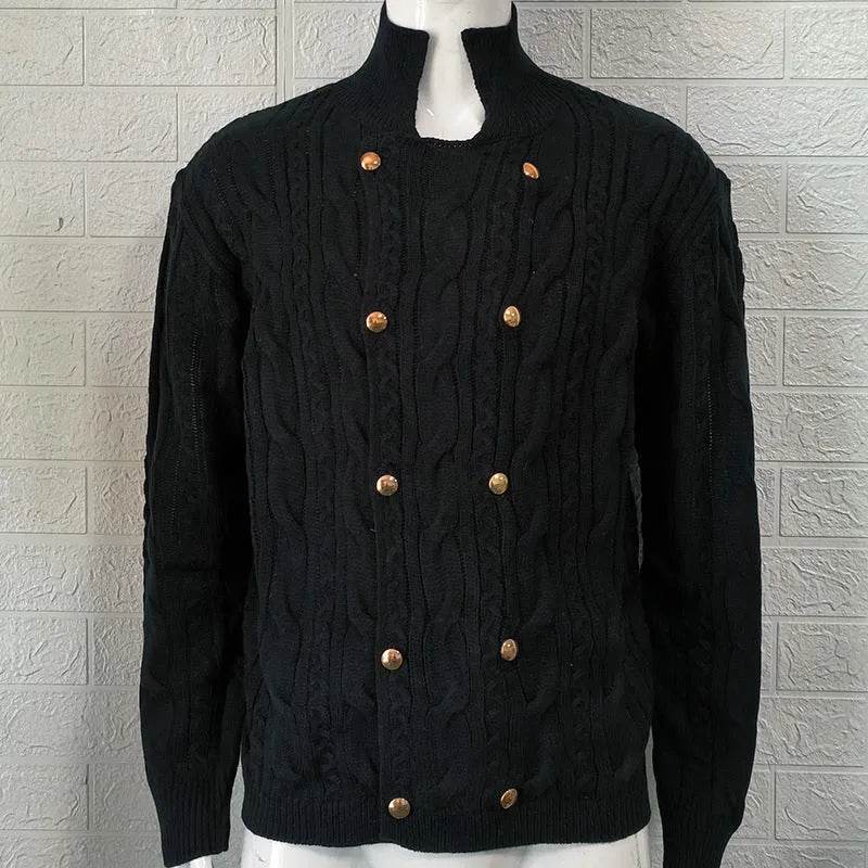 Men's Pure Color Half Collar Double-breasted Knitted Sweater Coat - EX-STOCK Canada