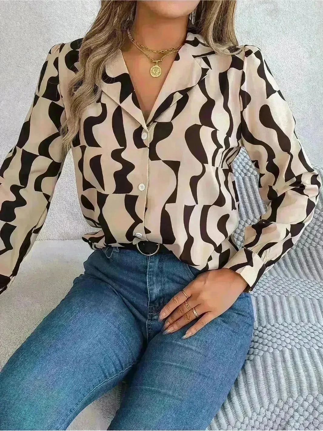 Commuting Elegant Contrast Color Striped Suit Collar Long Sleeve Shirt Formal Top for Women Office Wear Top - EX-STOCK CANADA