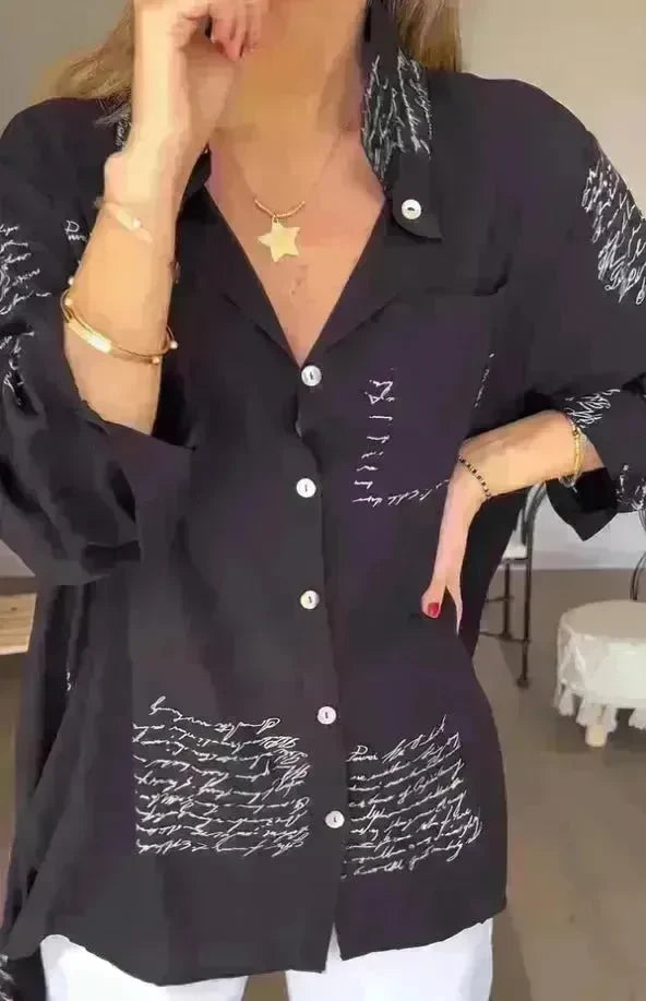 Letter Print Long Sleeve Shirt Fashion Commuter Style Lapel Shirt Women's Clothing - EX-STOCK CANADA