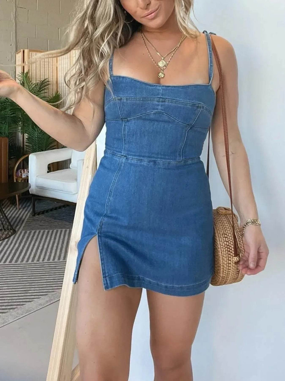 Fashion Slim Fit Slit Sling Denim Mini sleeveless Dress Women - EX-STOCK Canada