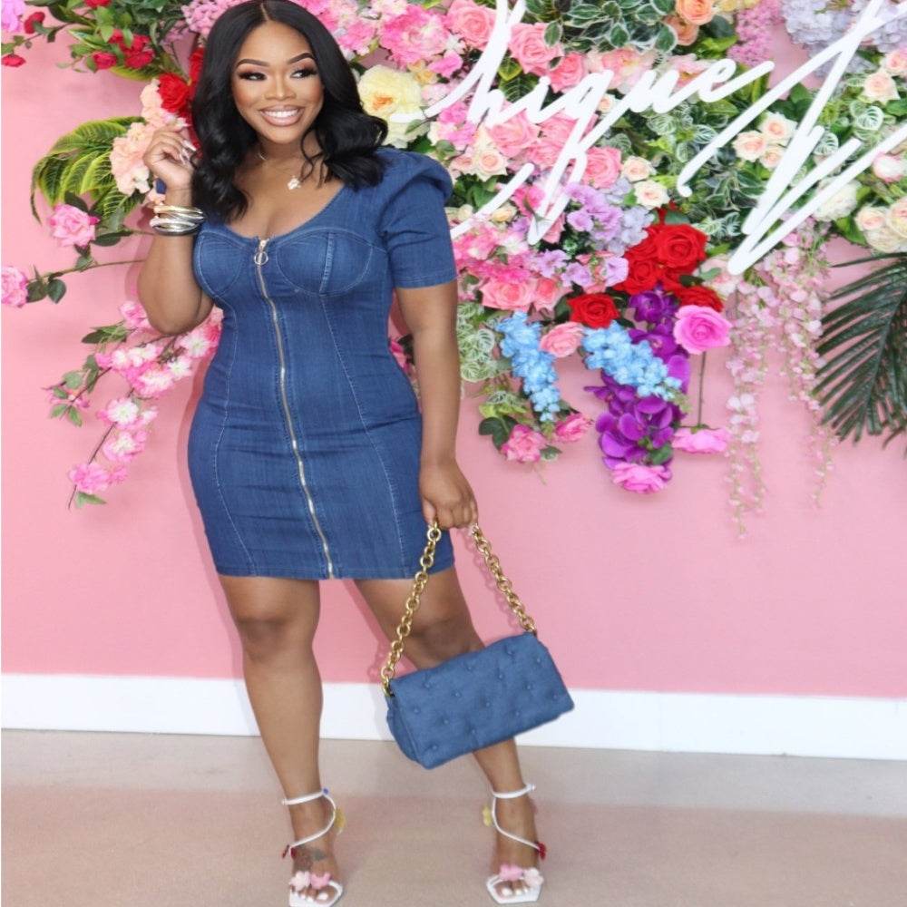 Denim Washed Fried Flower Round Neck Oversleeves Dress - EX-STOCK Canada