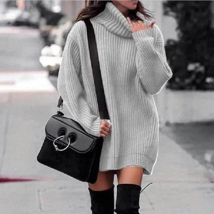 Autumn Winter Solid Cashmere oversized Knitted Mini Turtleneck Sweater Dress - EX-STOCK Canada