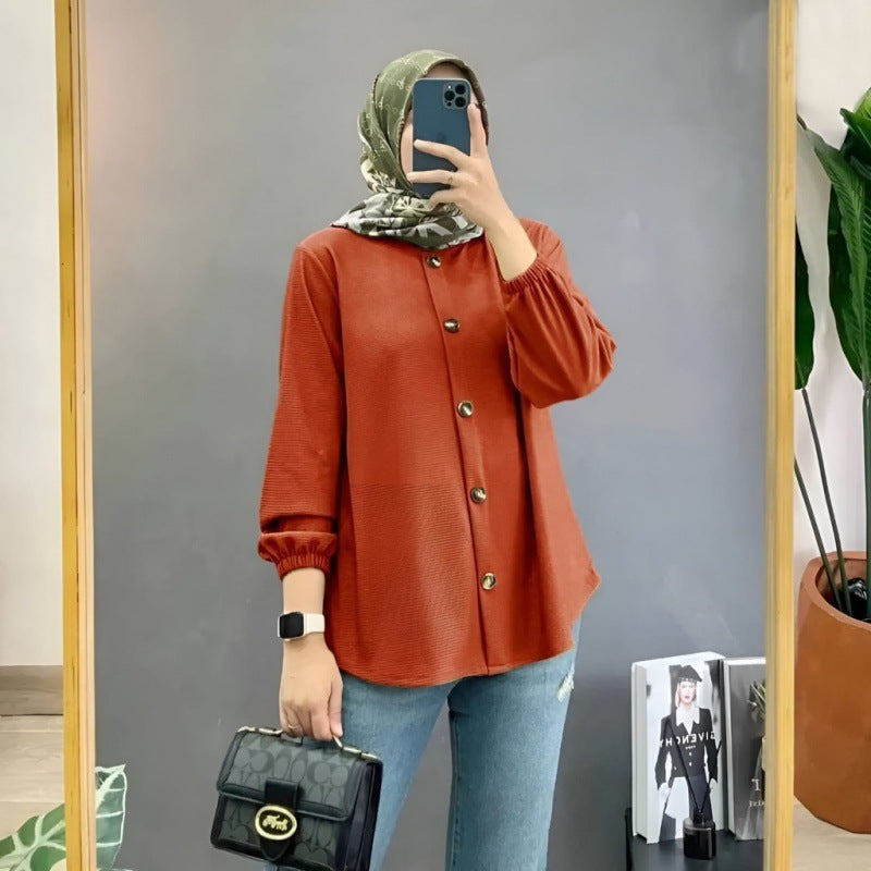 Muslim Ice Silk Wrinkle Stand-up Collar Literary Vintage Cardigan Loose Shirt Women - EX-STOCK Canada