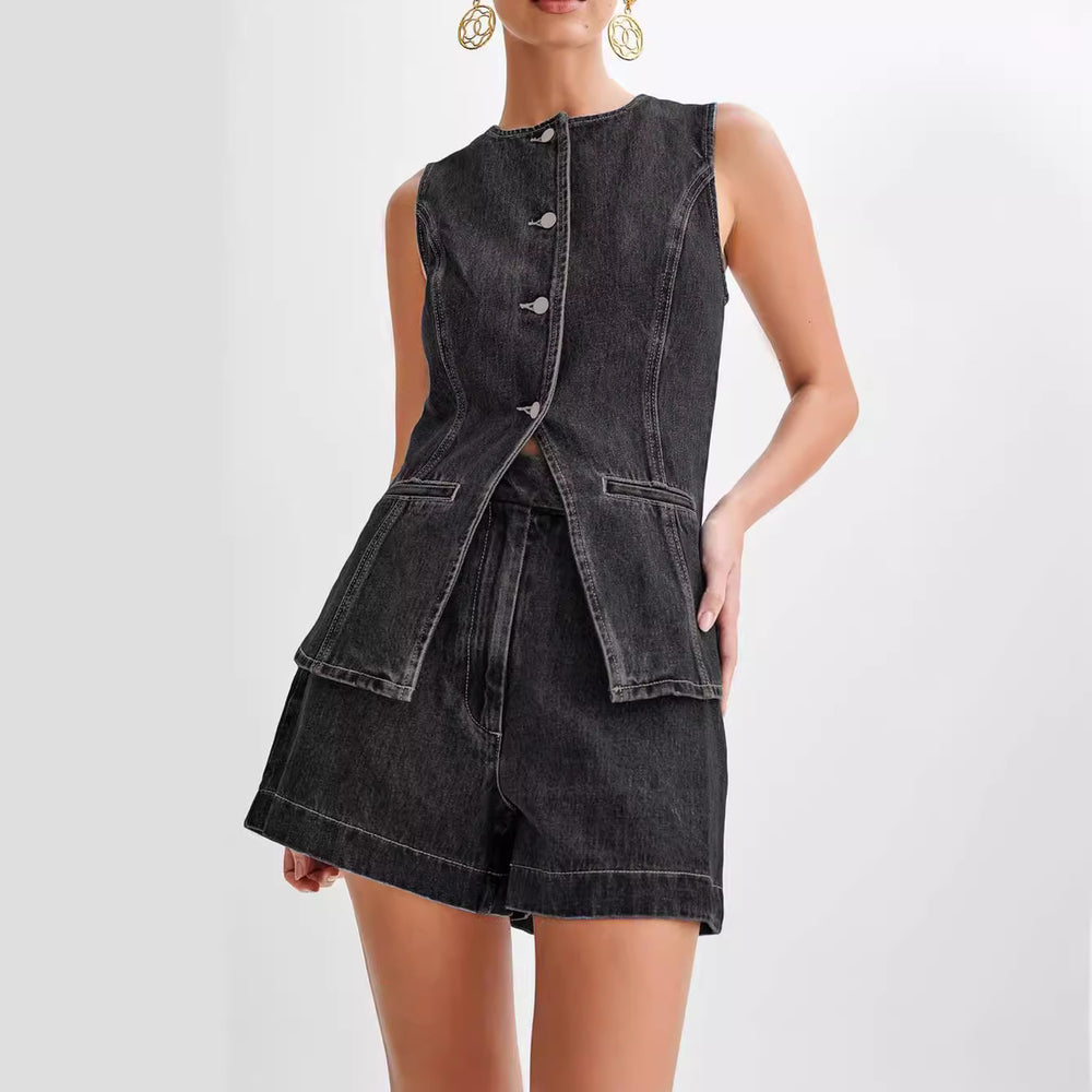 Ensemble pour femmes décontracté en denim sans manches 